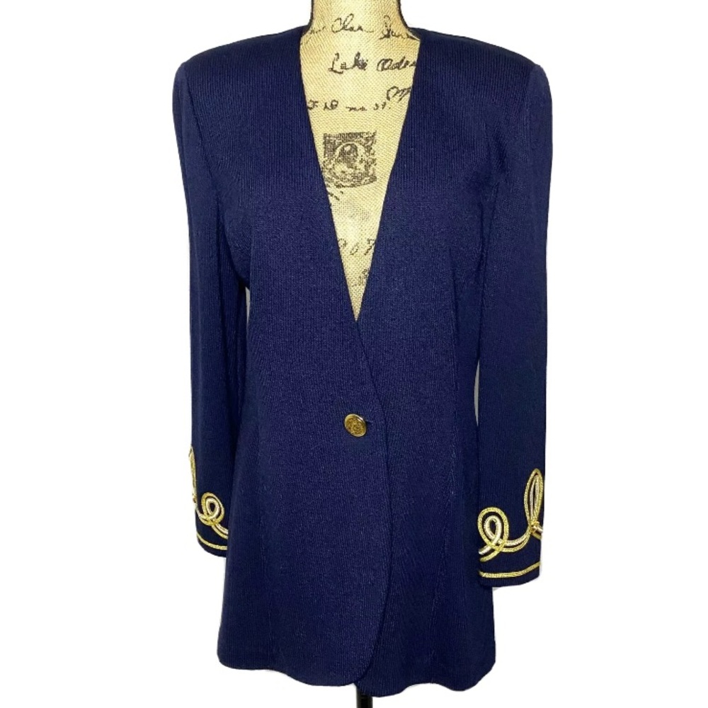 St. John Sport Navy Blue Gold Wool Knit Blazer Jacket